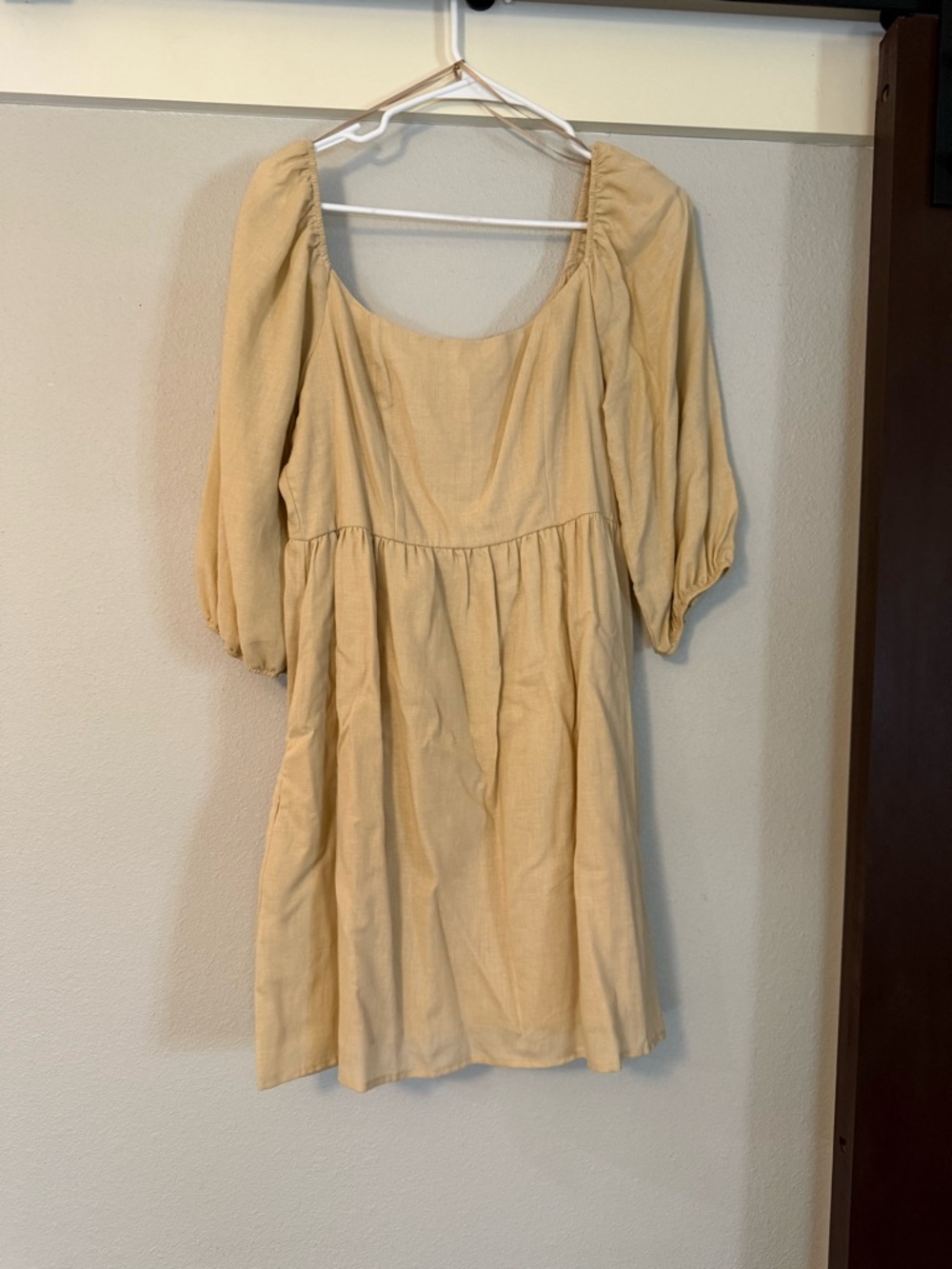 Beige Puff-Sleeve Mini Dress with Scoop Neck